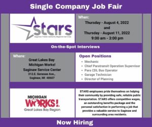 STARS Saginaw Transit Authority Regional Services Job Fair @ Saginaw Great Lakes Bay Michigan Works! Service Center